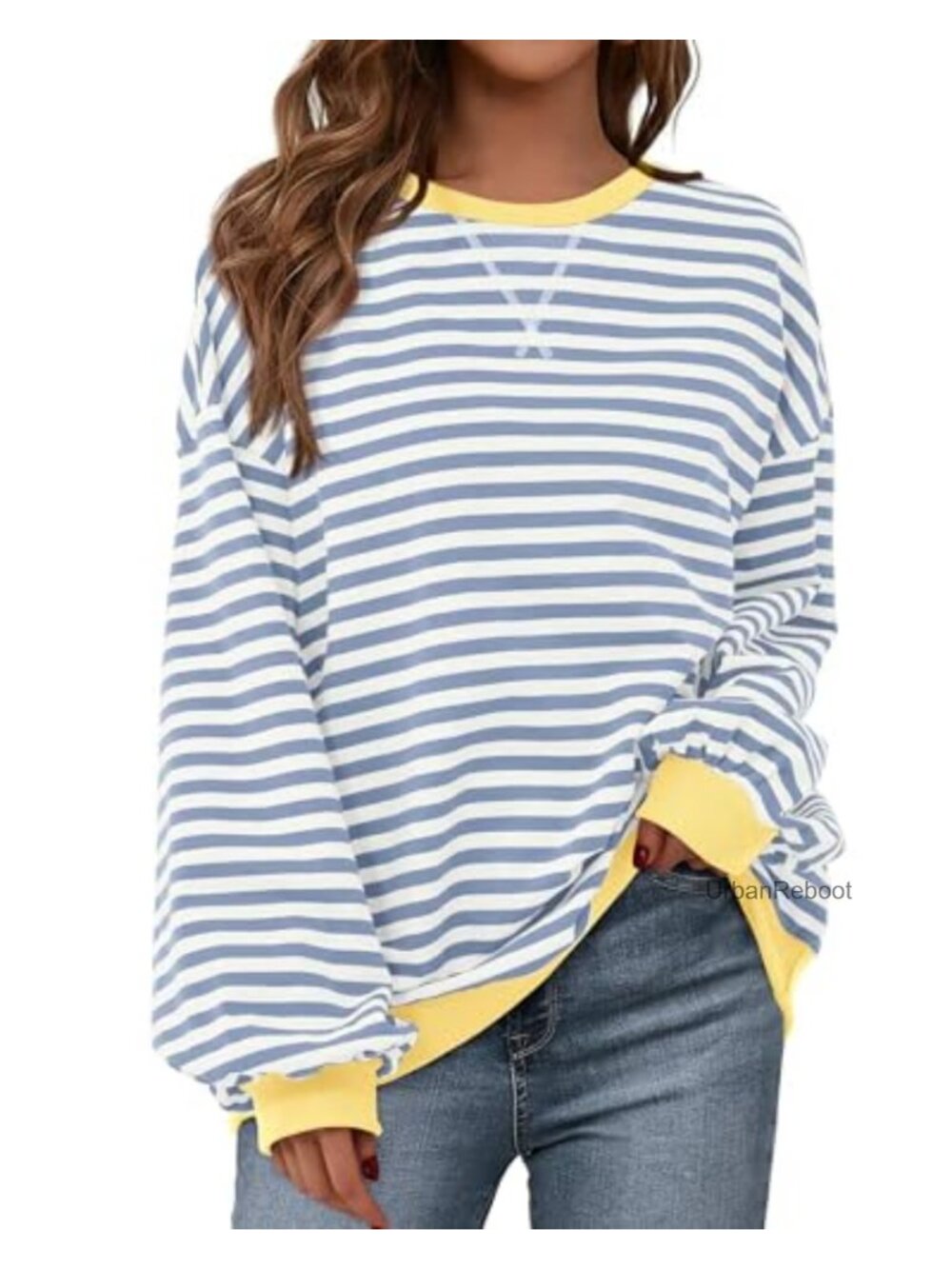 Oversized Striped Crewneck Sweatshirt Women Lantern Sleeve Loose Fit Pullover